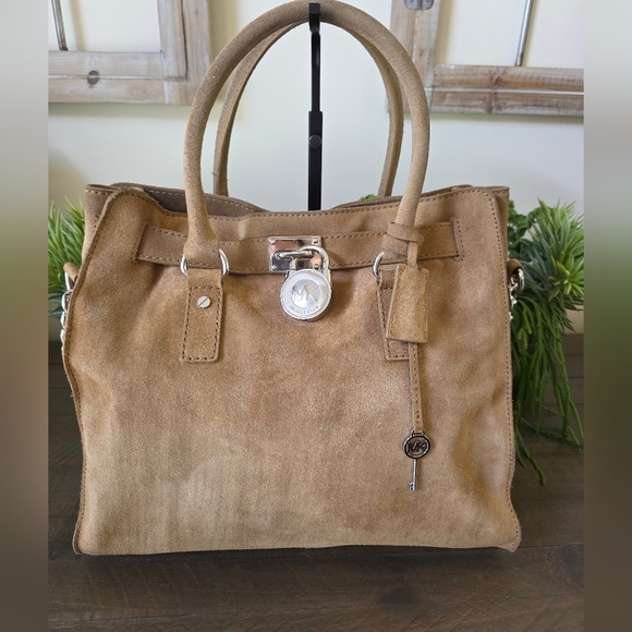 Vintage Michael Kors Distressed Brown Suede Tote Bag With Silver MK Lock - Picture 1 of 15